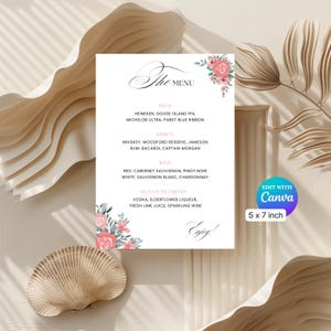 Modello di menu per bar per matrimonio floreale, carta da 5 x 7 pollici, drink modificabili per matrimonio con rose rosse, modifica con account Canva gratuito, download immediato