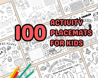 May include: A collection of 100 activity placemats for kids, featuring various black and white illustrations and games. The placemats include mazes, coloring pages, and themed designs. Colored pencils are visible in the foreground.