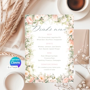 Florale Hochzeit Bar Menü Vorlage, Karte 5 x 7 Zoll, bearbeitbare Hochzeit Signature Drinks Blumen, Pfingstrosen, Rosen, Hellrosa, Weiß und Salbeigrün