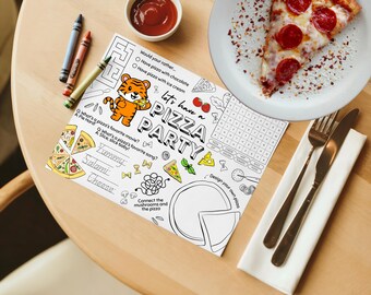 Mantel individual de fiesta de pizza: Juego de colorear y rompecabezas para niños (Descarga digital en PDF)