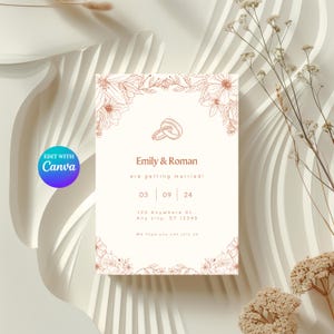 Florale Hochzeitseinladung, Vorlage bearbeitbar mit Canva, Brauteinladung mit Terrakottablumen, Hochzeitsansage, Wildblumen, gezeichnet