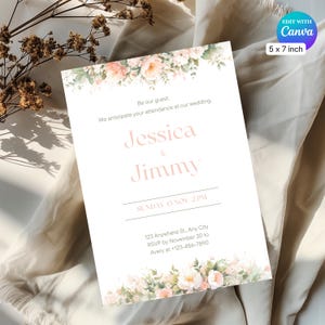Hochzeitseinladung Blumen Rosa und Salbei Grün, Bearbeitbare Vorlage, Blumen Brauteinladung, Hochzeitsansage, Illustrierte Hochzeitskarte