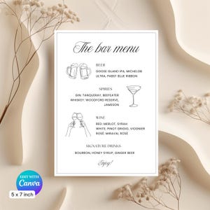 Menusjabloon bruiloft bar zwart-wit, kaart 5 x 7 inch, bewerkbare handtekening bruiloftsdrankjes, bewerken met gratis Canva-account, direct downloaden