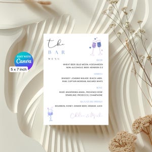 Modello di menu per bar per matrimoni con cuore, biglietto da 5 x 7 pollici, drink personalizzati per matrimoni, modificabile con account Canva gratuito, download immediato