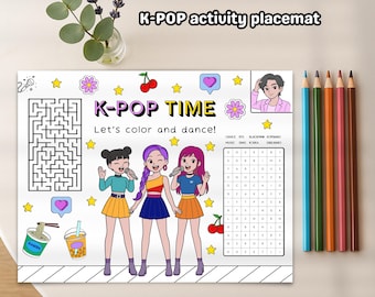 Activiteitenblad K-Pop: afdrukbare kleurplaat, doolhof, woordzoeker (digitale download)