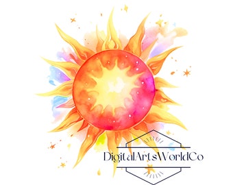 Watercolor Sun Clipart, digital Sun Clipart, bright Sun png, watercolor orange sun png, bright Sun digital download Watercolor Sun png