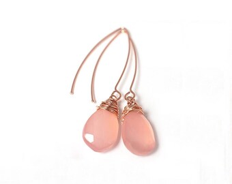 Pink earrings - pink chalcedony briolette - wire wrapped earrings - sterling silver earrings - fashion jewelry - pink gold - long earrings