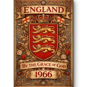 Puede incluir: Obra de arte enmarcada con el escudo de armas de Inglaterra. El diseño incluye un escudo rojo con tres leones dorados, una corona y los textos "ENGLAND" y "BY THE GRACE OF GOD 1966" en pancartas. La obra tiene un borde detallado y ornamentado.