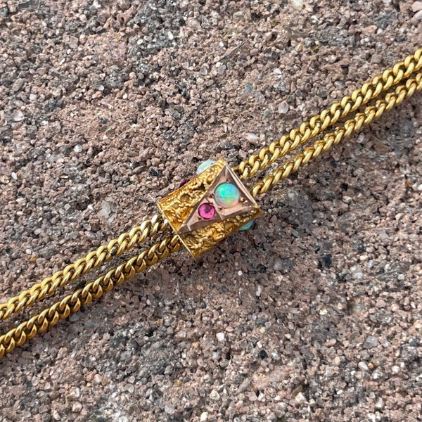 RARE Victorian era late 1800’s. Estate gold-filled curb link chain with a slide pendant accented with opals and pink stones and dog clip