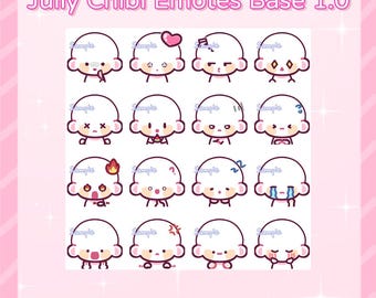 May include: A pink graphic featuring 16 chibi-style emotes with various expressions. Each emote has a white head, small arms, and a different facial expression. The text "Jully Chibi Emotes Base 1.0" is at the top.