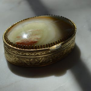 Vintage Ornate Gold Tone Jewelry Box | Stone Lid Trinket Keepsake Box
