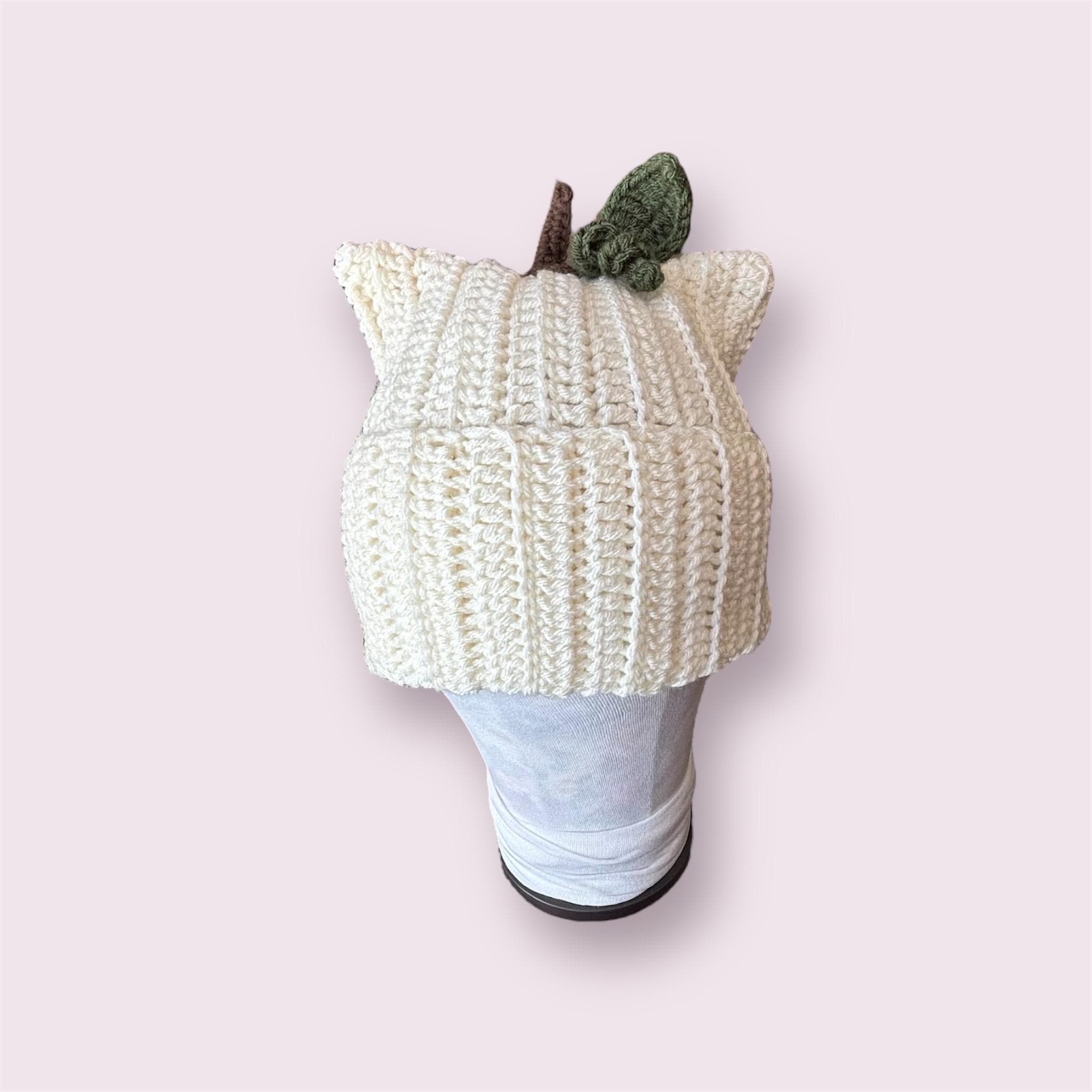 White Pumpkin Cat Beanie With Folded Brim | Crochet Fall Hat 