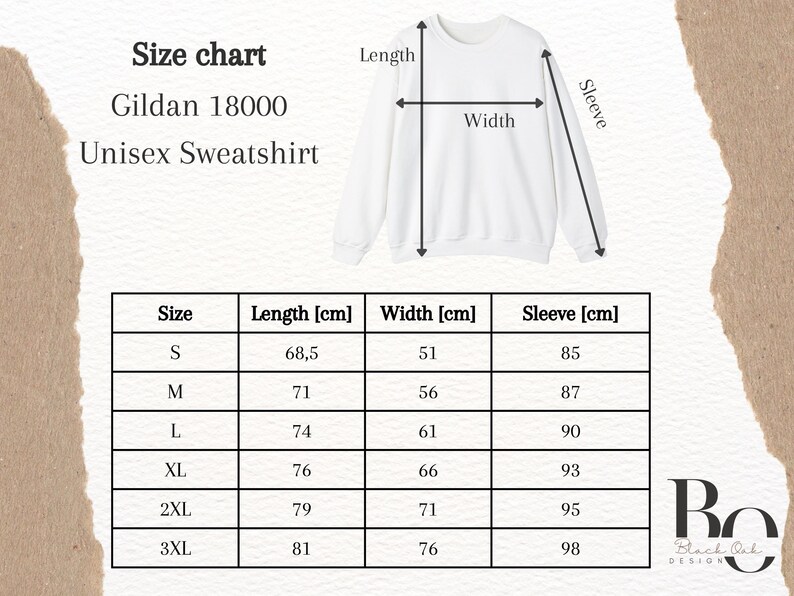 May include: Size chart for a Gildan 18000 unisex sweatshirt. The chart shows measurements in centimeters for length, width, and sleeve length for sizes S, M, L, XL, 2XL, and 3XL.