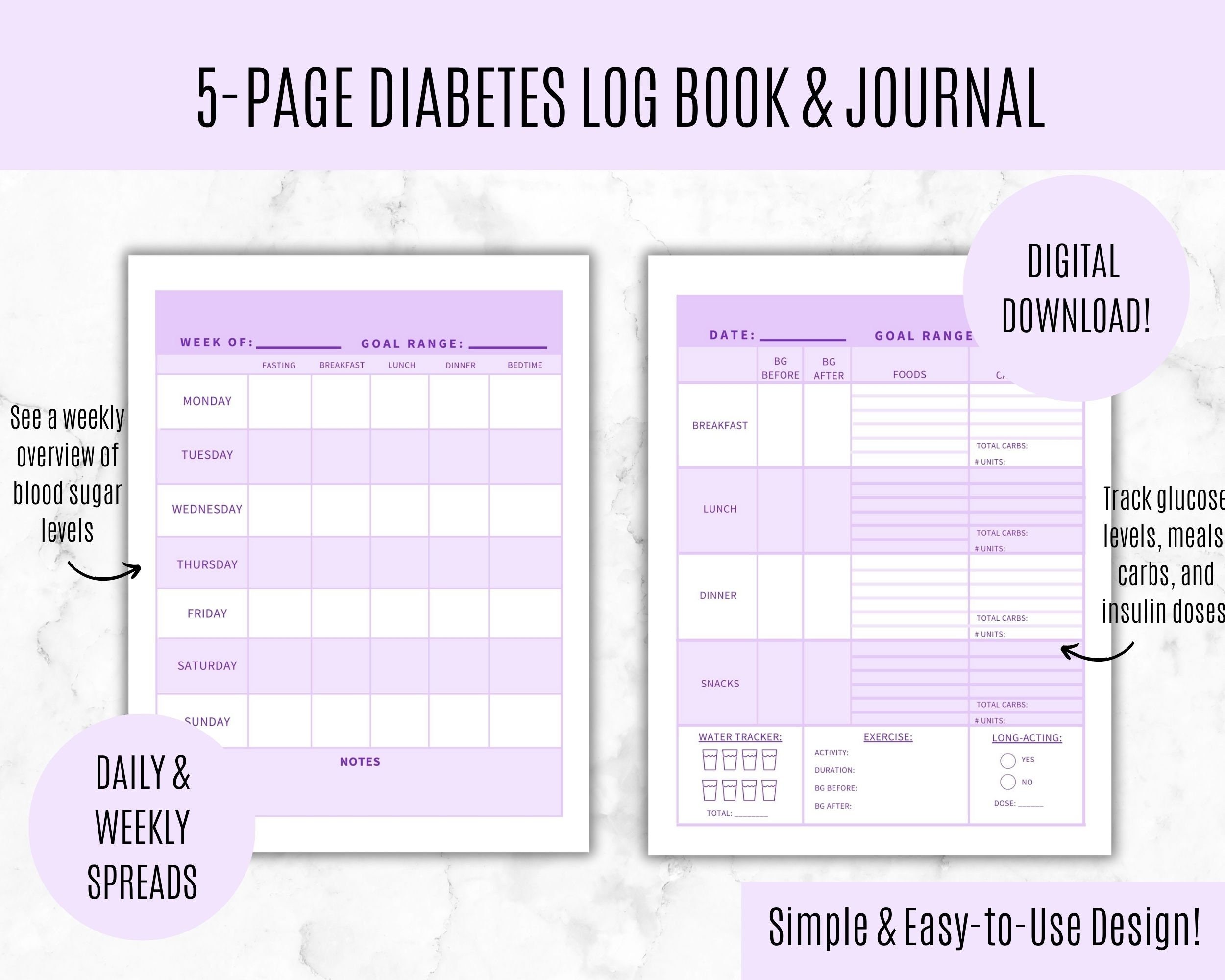 Digital Diabetic Journal, Printable Blood Sugar Tracker, Type 1 ...