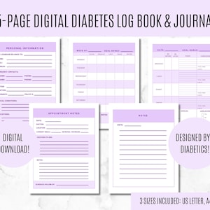 Digital Diabetic Journal, Printable Blood Sugar Tracker, Type 1 Diabetes, Type 2 Diabetes Log Book, Diabetes Journal, Diabetes Notes -Purple