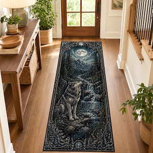 Wolf Moon Waterfall Rug, Gray Alpine Wildlife Runner with Pine Forest, Rocky Stream and Night Mountain Border