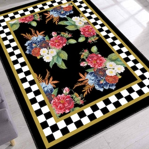 Black Floral Rug With Checkered Border