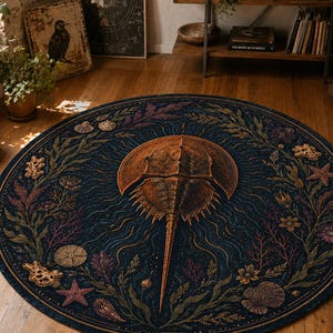 May include: A round area rug featuring a central illustration of a horseshoe crab surrounded by a detailed border of seaweed, coral, starfish, and various seashells. The design uses a dark blue background with orange and gold accents.