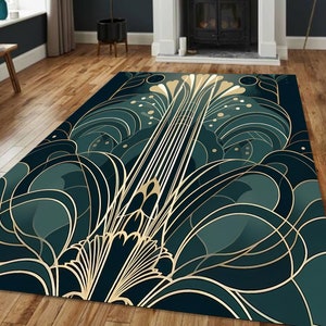 Art-deco bloementapijt, smaragdgouden tapijt met waaierbotanisch gebied