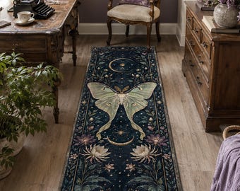Luna Moth Runner Rug, Celestial Moon Phase Botanical Garden Carpet