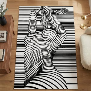 Line Art Teppich Schwarz-Weiß Mit Abstrakter Figur