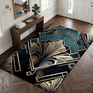 Teal Gold Art Deco Area Rug, Black Navy Geometric Gatsby Rug, 1920s Fan Arch Art Deco Pattern Carpet, Living Room Office Bedroom Rug