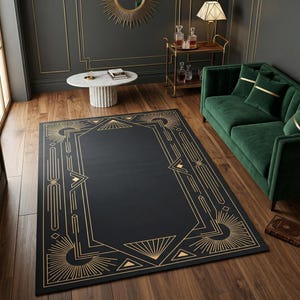 Art-Deco-Teppich in Schwarz und Gold Geometrische Bordüre