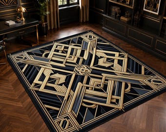 Black Gold Art Deco Rug, Geometric Gatsby Carpet, 1920s Metallic Line Pattern Rug