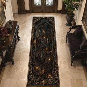 Gothic Library Staircase Runner Rug, Dark Academia Castle Carpet, Black Gold Spiral Hallway Runner