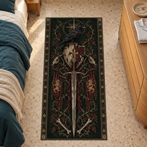 May include: A rectangular area rug featuring a dark green background with a central design of a silver sword, a weathered shield, and a black raven perched on top. The graphic includes red banners with gold lion emblems, thorny vines, and bones.