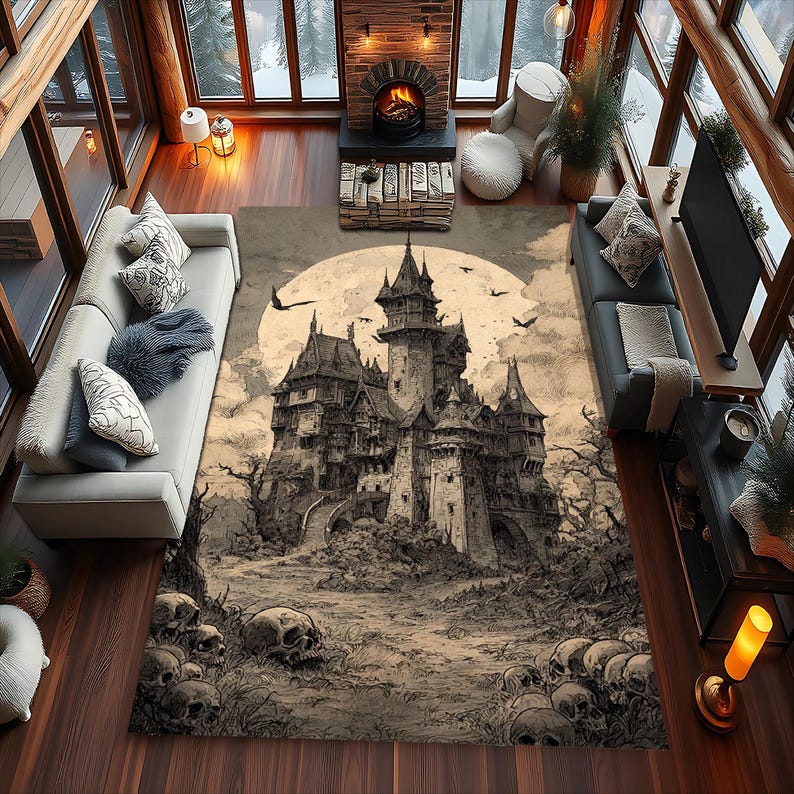 Haunted Gothic Castle Rug, Moonlit Spires and Skull Path Horror Art - Etsy