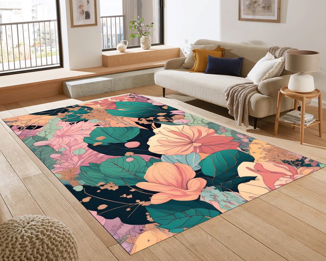 Colorful Flowers Digital Art Kitchen Rug Vibrant Living Room Spring