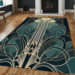 May include: A teal and gold area rug with an abstract geometric design. The rug features a repeating pattern of curved lines and circles.