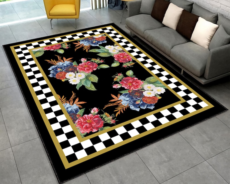 Black Floral Rug With Checkered Border - Etsy