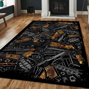Dark Tactical Rug: Edgy Urban Game Room Decor