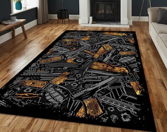 Teppich für Waffenteile, Taktischer Waffendekor, Teppich mit dunklem Ammo-Print für Männerhöhle oder Spielzimmer, kräftiger grafischer Teppich, Akzent Teppich