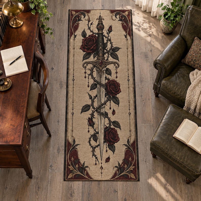 Red Roses Boder Gothic Sword Runner Rug, Red Rose Floral Rug, Antique Parchment ...