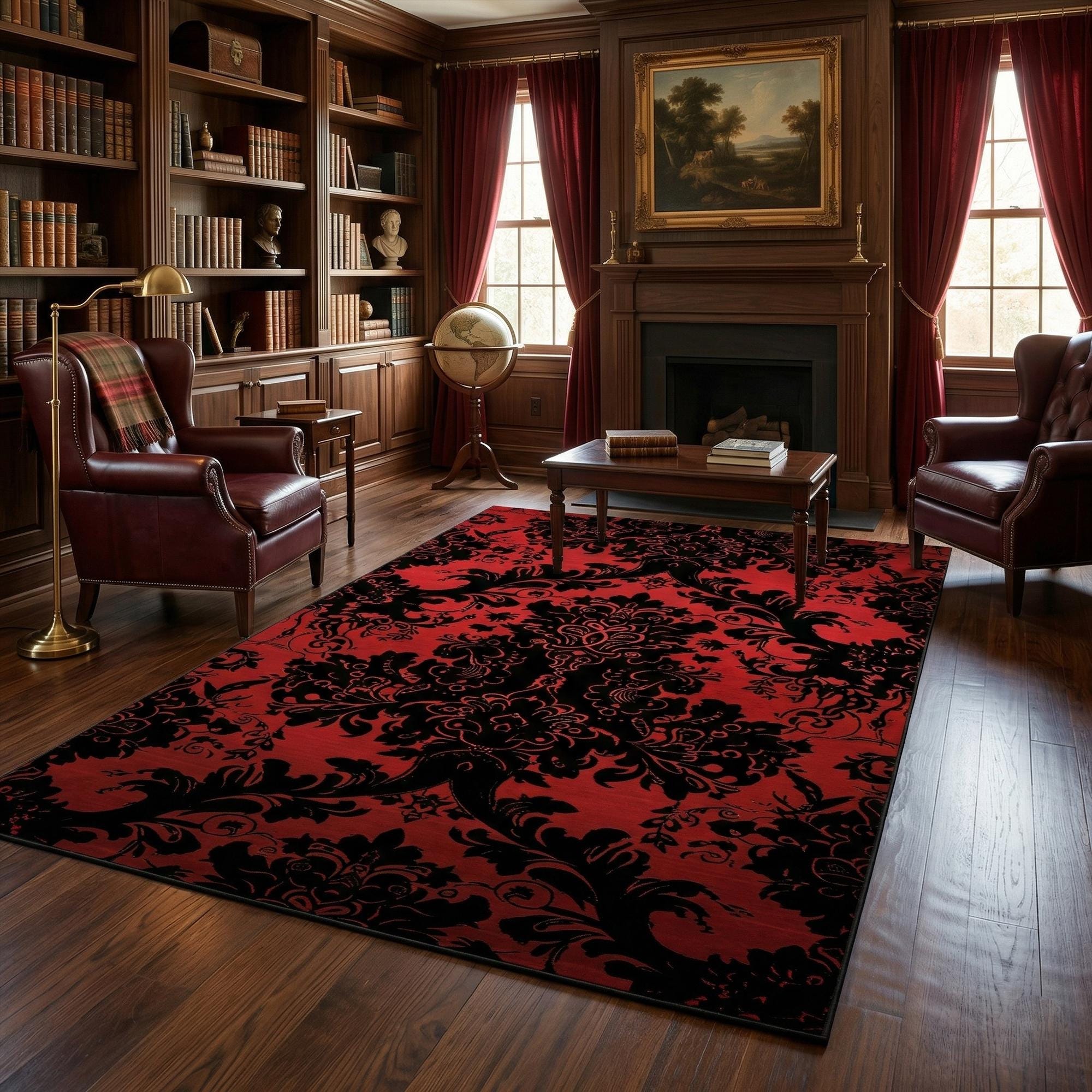 Carpet Rococo Red Red Damask Rug, Black Gothic Floral Victorian Baroque Carpet, Moody ...