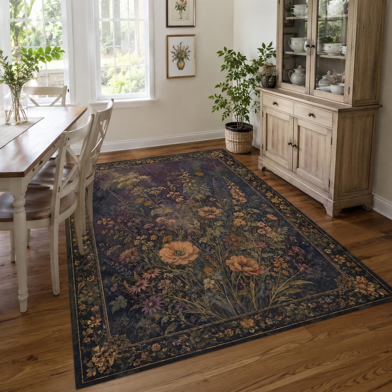 May include: A rectangular area rug featuring a dark navy blue background with a dense, colorful botanical print of orange poppies, yellow wildflowers, and green foliage, framed by a decorative border with repeating floral motifs.