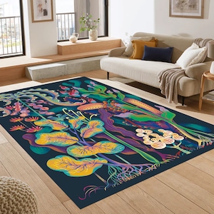 May include: A colorful rug with a dark blue background featuring a stylized floral design with yellow, green, purple, and red accents. The rug has a whimsical and abstract design.