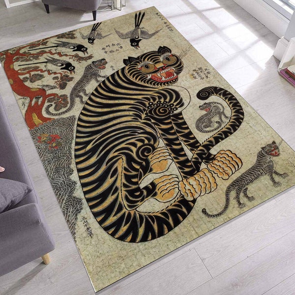 Mystical Cat Rug, Tibetan Tiger Rug, Mythology Decor, Digital Print Rug, Animal Pattern, Antique Tiger Rug, Wild Big Cat Rug, Indoor Outdoor