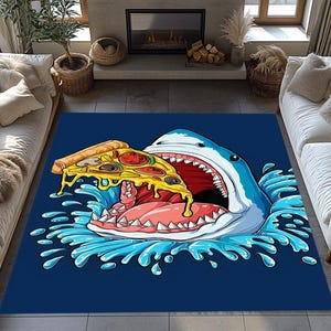 Tapete de tubarão engraçado com fatia de pizza, tapete de oceano de desenho animado para quarto infantil, tapete com tema de comida divertida, decoração ousada de animais marinhos para meninos ou adolescentes
