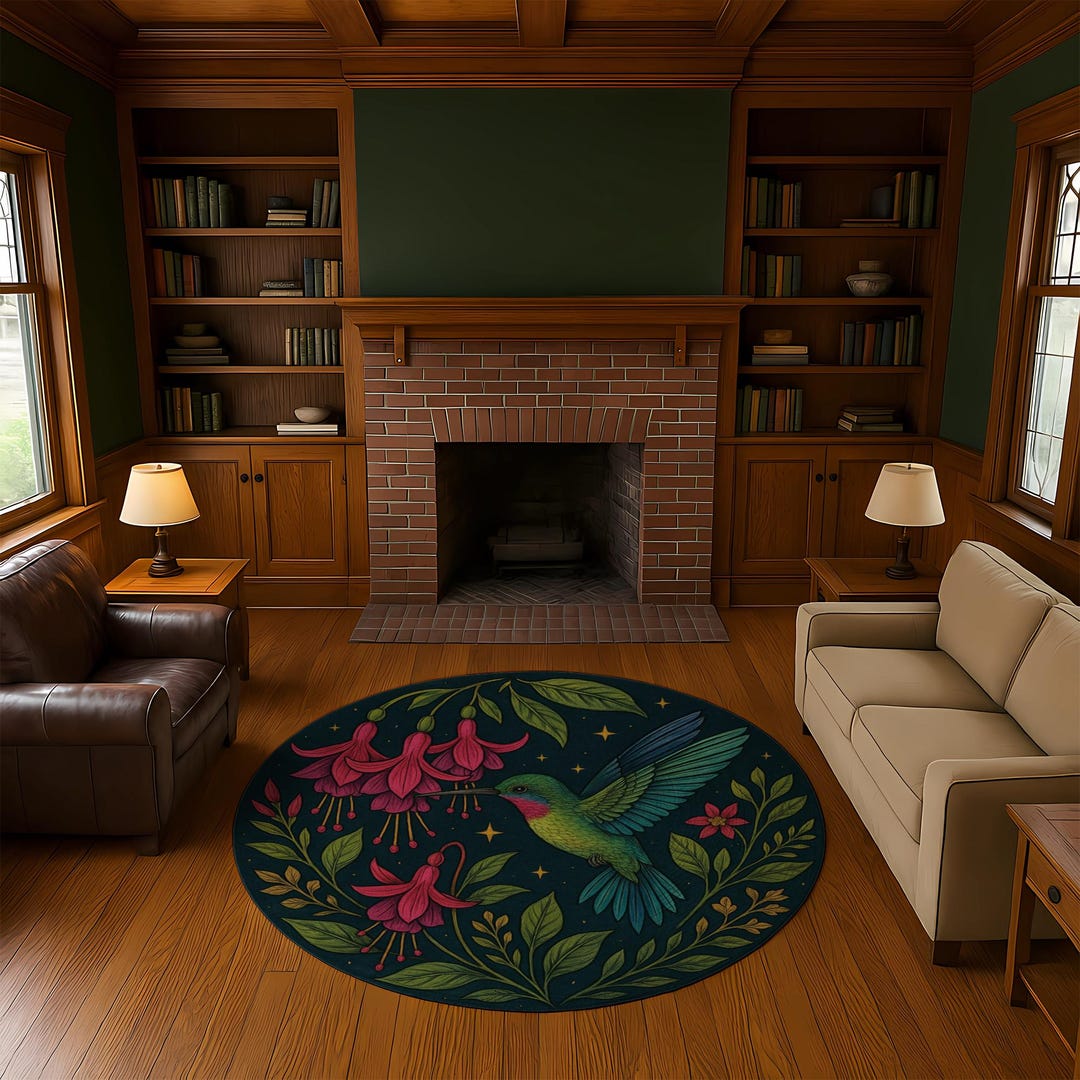 Round Hummingbird Rug Round Hummingbird Garden Rug: Fuchsia Blooms, Teal Night Botanical ...
