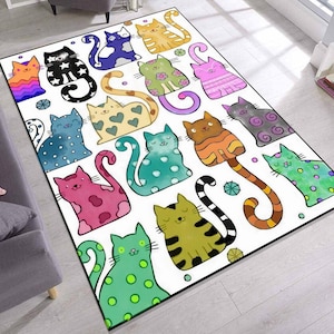 Alfombra de gato colorida, linda alfombra de gato de dibujos animados para la decoración de la habitación de los niños, alfombra de animal juguetón con patrones brillantes, divertida alfombra para la guardería o para los amantes de las mascotas.