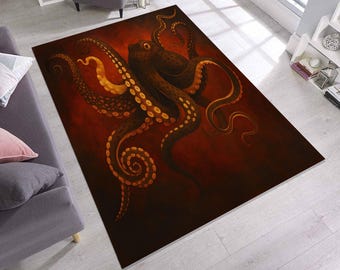Octopus Tentacle Rug: Red & Gold Deep Sea Kraken Carpet