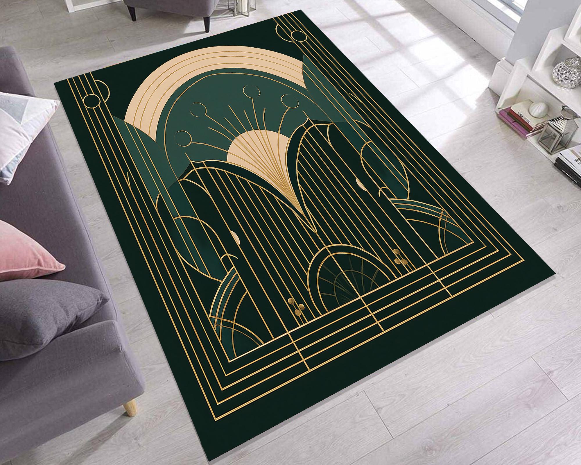 Teal Gold Art Deco Geometric Area Rug | Rich Designer Home Decor - Etsy