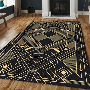 Black Gold Art Deco Rug: Geometric Home Art Glam Floor Decor