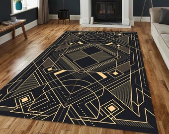 Modern Art Deco Rug, Geometric Linework Rug With Luxury Feel, Bold Graphic Carpet Design For Statement Spaces, Black Gold Accent Rug