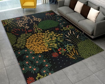 Dark Botanical Garden Rug: Vintage Floral Accent Carpet