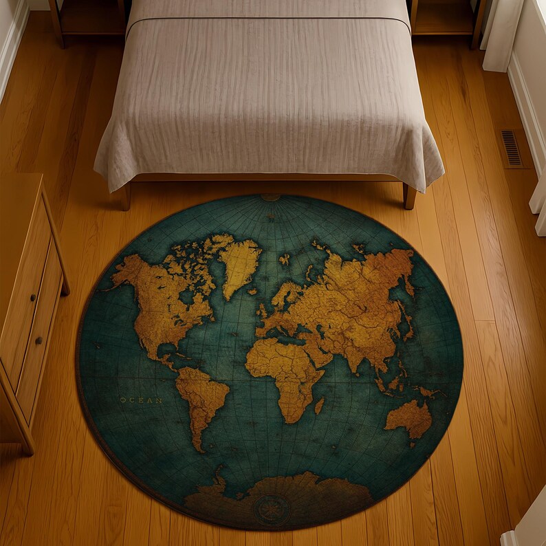 Vintage World Map Rug, Teal Gold Globe Cartography Rug - Etsy